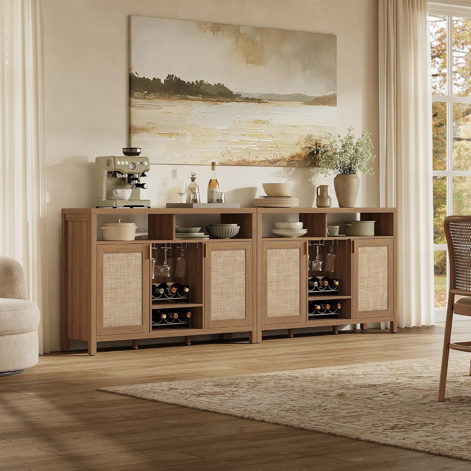 SICOTAS 51" Coffee Bar Cabinet Bar Cart with Storage, Wine Bar Cabinets Boho Home Bar Table, Rattan Sideboard Buffet with 2 Doors, Coffee Station with Wine Racks for Living Dining Room Entryway