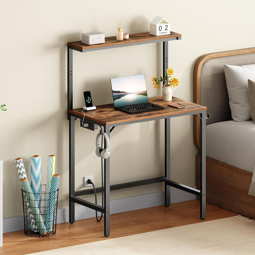 HOOBRO Small Computer Desk, 28.3" Desk for Small Spaces, Office Desk with Power Outlet & Adjustable Monitor Stand, Compact Desk with Storage, Writing Table for Bedroom, Office, Rustic Brown BF38UDN01