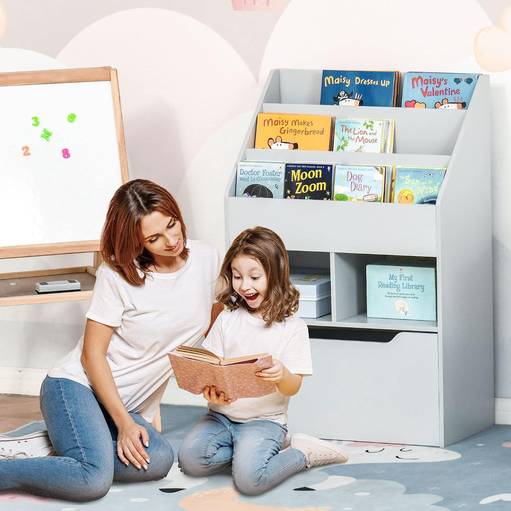 Bookcase Multi Shelf Rack Organizer with Storage Drawer for Books for Bedroom or Playroom, Grey
