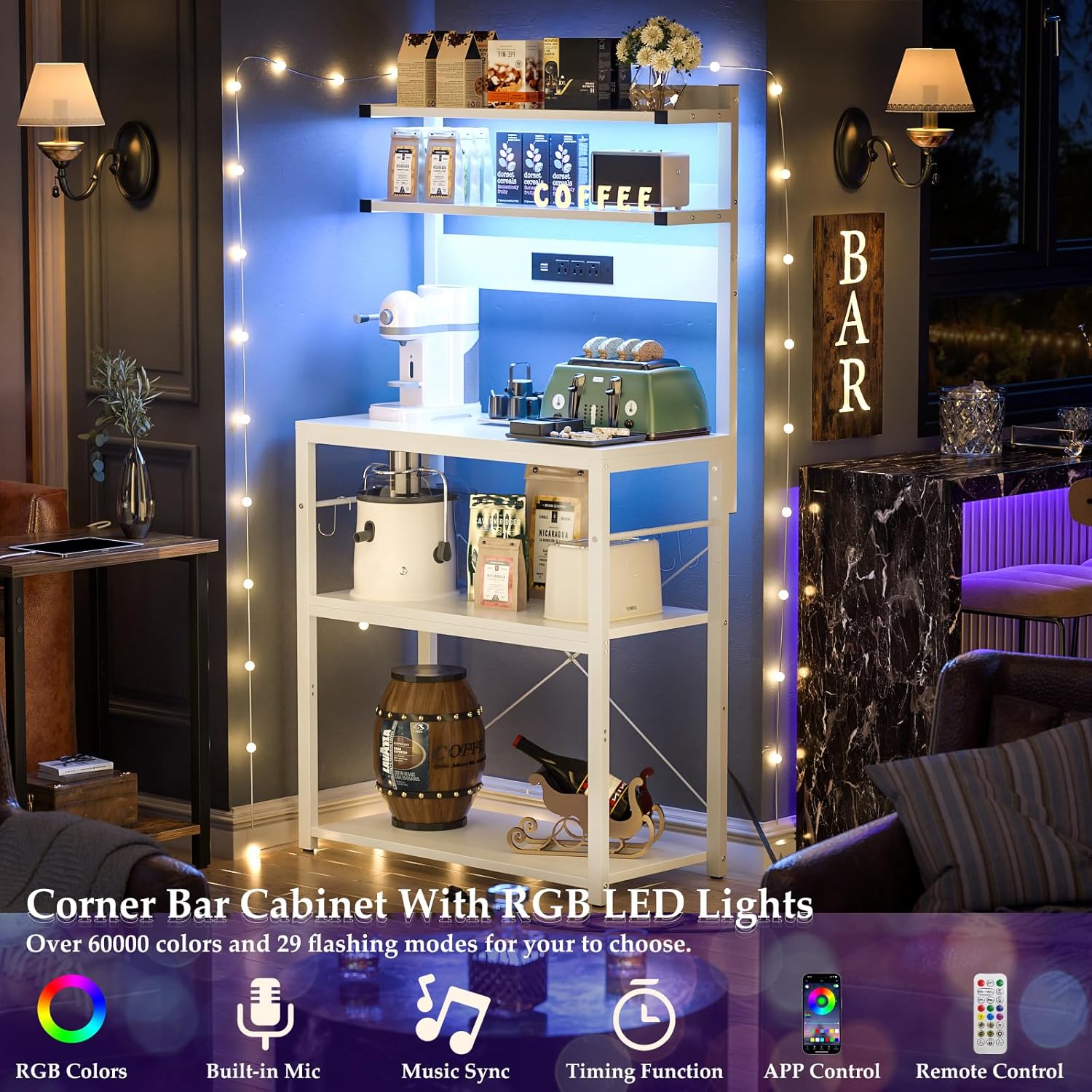 Aheaplus Bakers Rack with Power Outlet, Microwave Stand, 5 Tiers Coffee Bar Station with Led Lights, Kitchen Storage Shelf with 6 S-shaped Hooks, Kitchen Rack for Spices, Pots and Pans, White