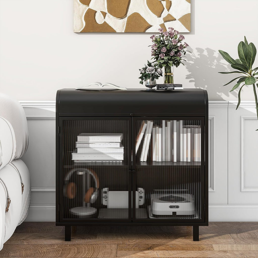 KEIKI 31" Kitchen Pantry, Modern Sideboard Buffet Cabinet with Figured Glass Doors & Flip Top & Open Shelves, Spacious Industrial Metal Organizer for Living Room & Kitchen