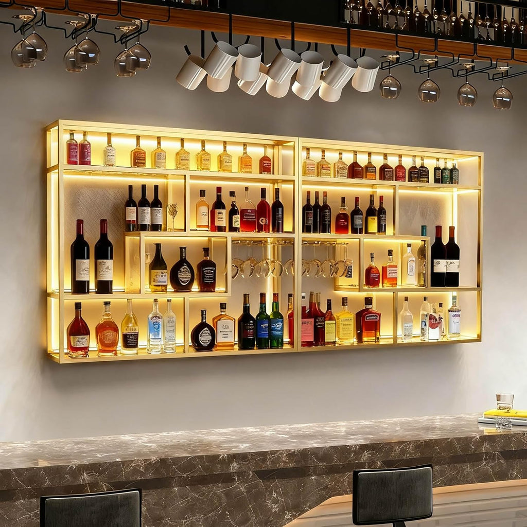 Black Wall Mounted Wine Rack with Hanging Stemware Glass Holder, 4 Tier Liquor Bottle Display Shelf, Floating Bar Storage Organizer for Home, Kitchen, Restaurant, Liquor Cabinet Decor (Gold, 95in)