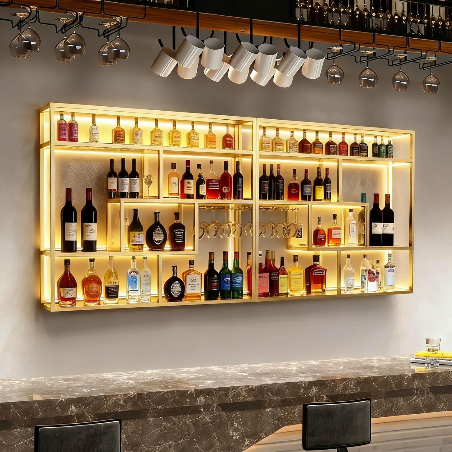 Black Wall Mounted Wine Rack with Hanging Stemware Glass Holder, 4 Tier Liquor Bottle Display Shelf, Floating Bar Storage Organizer for Home, Kitchen, Restaurant, Liquor Cabinet Decor (Gold, 95in)
