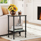 Side Table, 2-Tier Wood End Table, Vintage Bedside Nightstand with Open Storage Shelf for Living Room, Bedroom, Office, Black