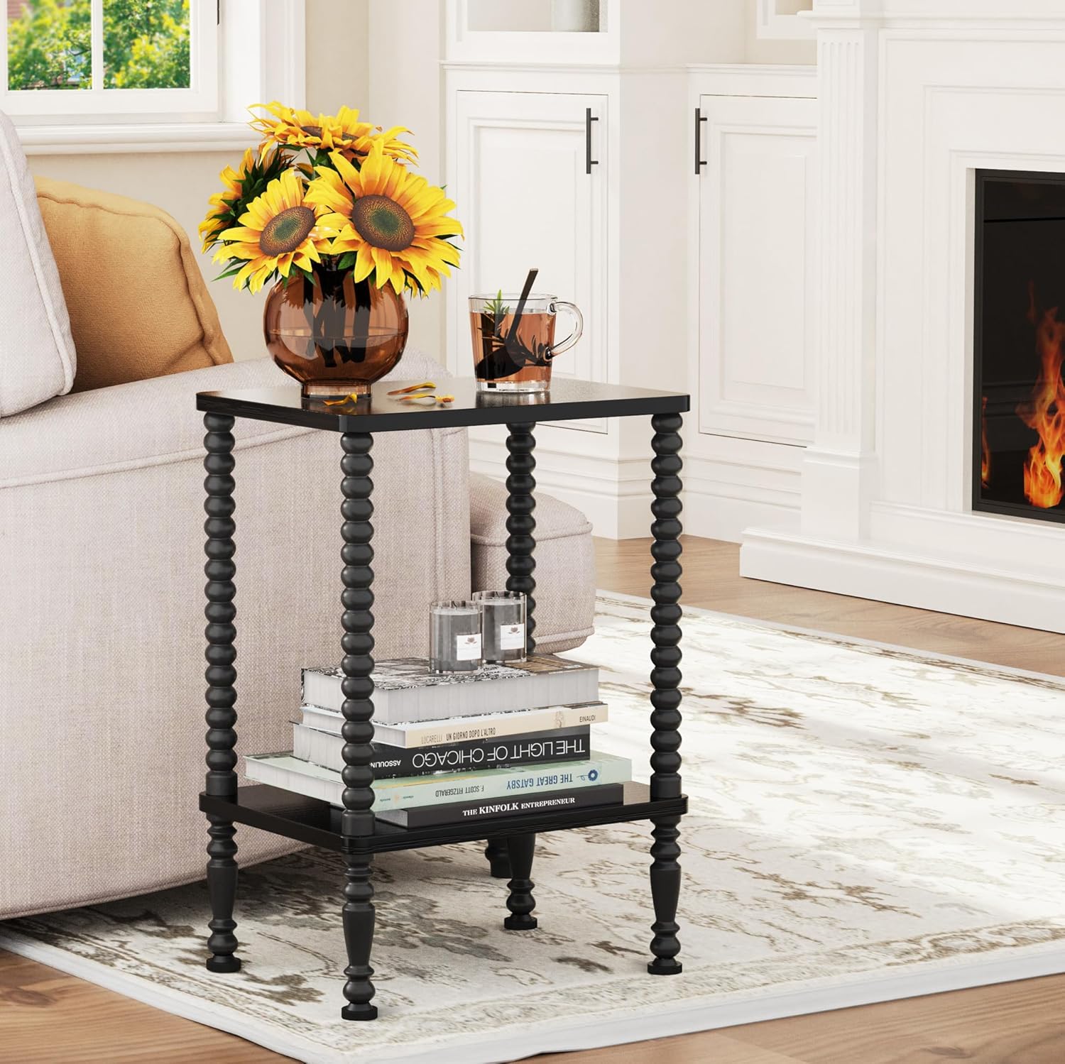 Side Table, 2-Tier Wood End Table, Vintage Bedside Nightstand with Open Storage Shelf for Living Room, Bedroom, Office, Black
