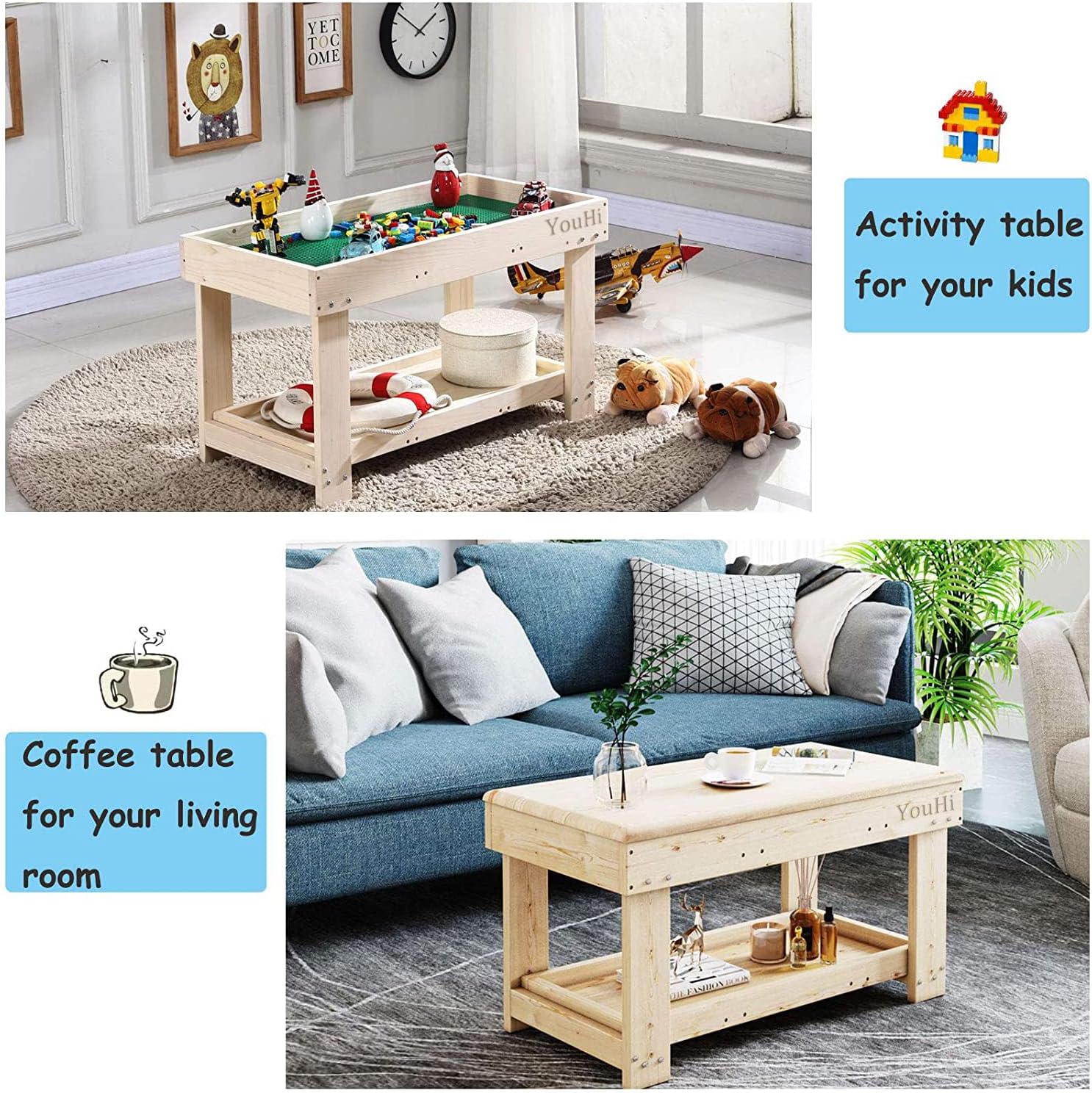 YouHi Kids Activity Table with Board and Storage for Bricks Activity Play Table (Wood Color)