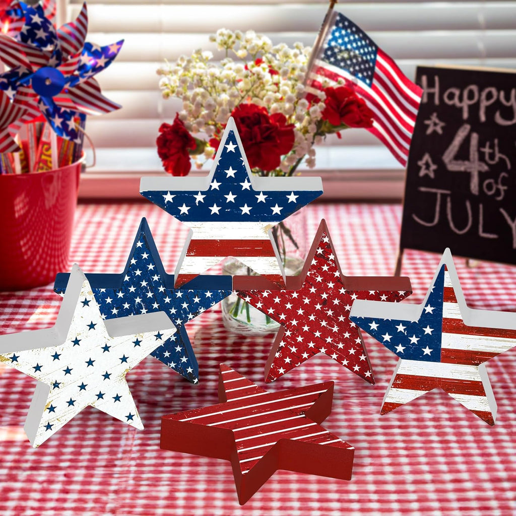 6 PCS 4th of July Wooden Signs, Red White Blue 4th of July Decorations, Star-Shaped 250th Anniversary Patriotic Decor, Independence Day Wood Centerpieces for Tables Shelf Tray Memorial Veterans Day