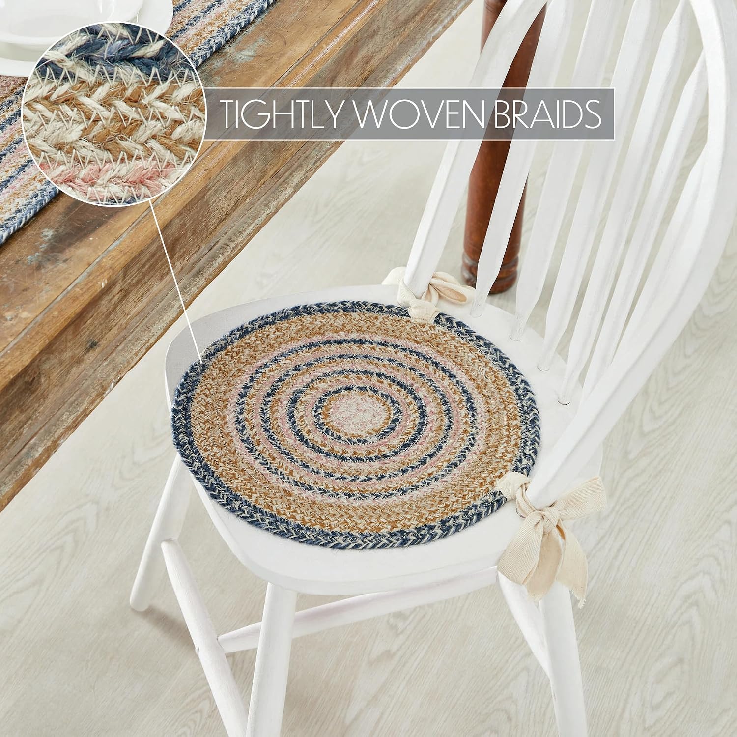 VHC Brands Kaila Farmhouse 15 in Chair Pad Blue Textured Jute Striped Round Kitchen Table Decor, Set of 2
