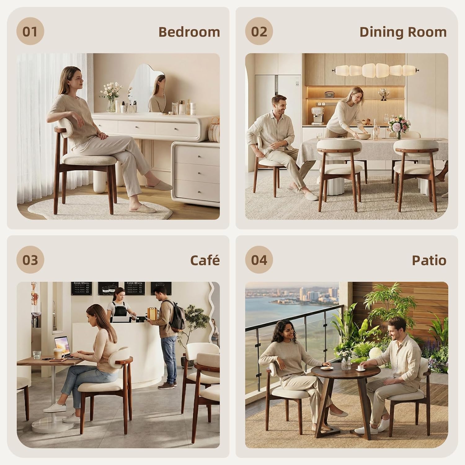 Modern Wooden Dining Chairs Set of 1, Fabric Upholstery Kitchen Chairs Farmhouse Dining Room Side Chairs for Restaurants, Cafes, Patio, Easy Assembly, Beige