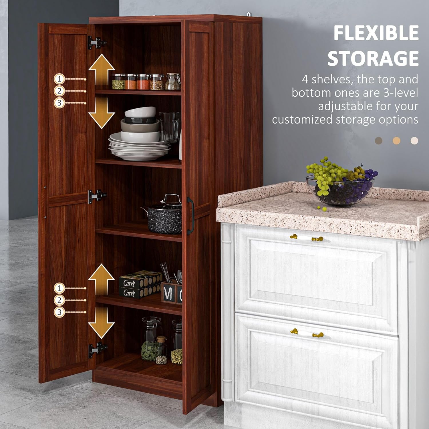 63" Tan Kitchen Pantry Cabinet - 5-Tier Storage, Adjustable Shelves, Farmhouse Style for Dining/Kitchen