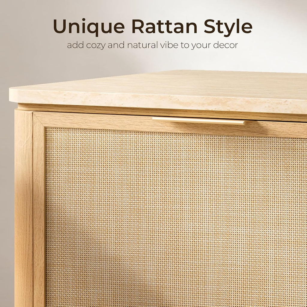 NightStand Set of 2, 23.11" W Rattan Nightstand with 2 Drawers, Faux Marble Top Bedside Table, Boho Mid Century End Table for Bedroom Living Room Sofa Office, Natural Oak [FSC Certified]