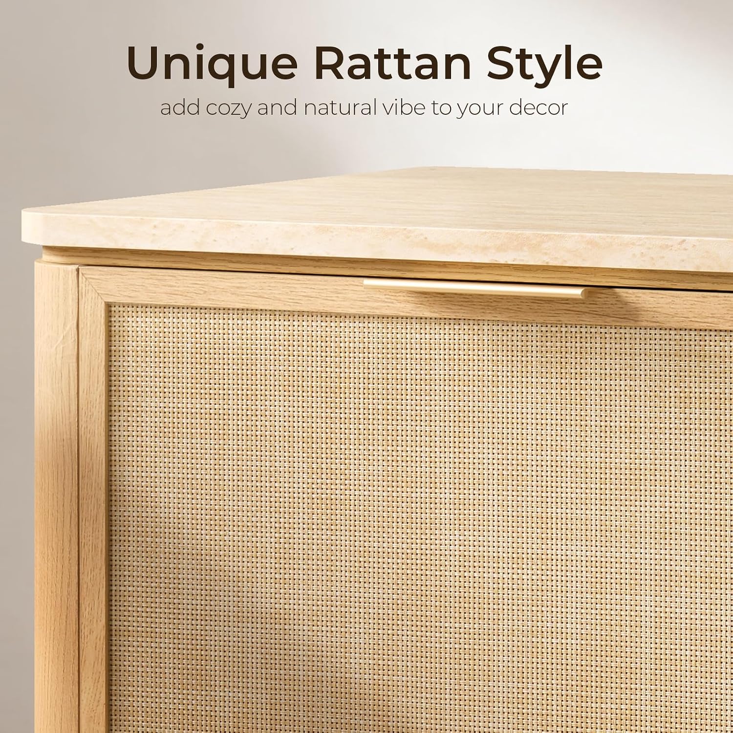 NightStand Set of 2, 23.11" W Rattan Nightstand with 2 Drawers, Faux Marble Top Bedside Table, Boho Mid Century End Table for Bedroom Living Room Sofa Office, Natural Oak [FSC Certified]