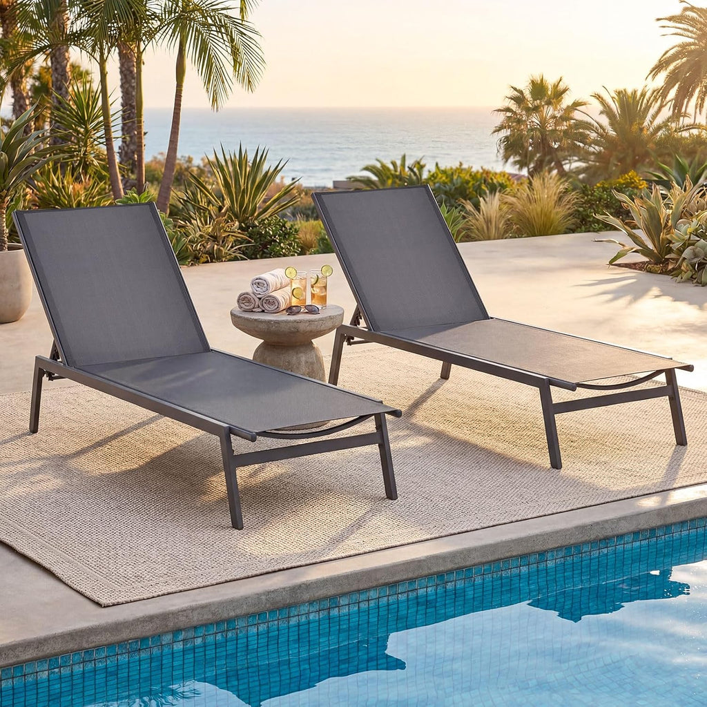 Tangkula Outdoor Chaise Lounge Chair Set of 2, 6-Position Adjustable Reclining Chair with Breathable Fabric and Heavy Duty Steel Frame, Patio Lounge Chair for Garden, Backyard and Poolside (2, Gray)