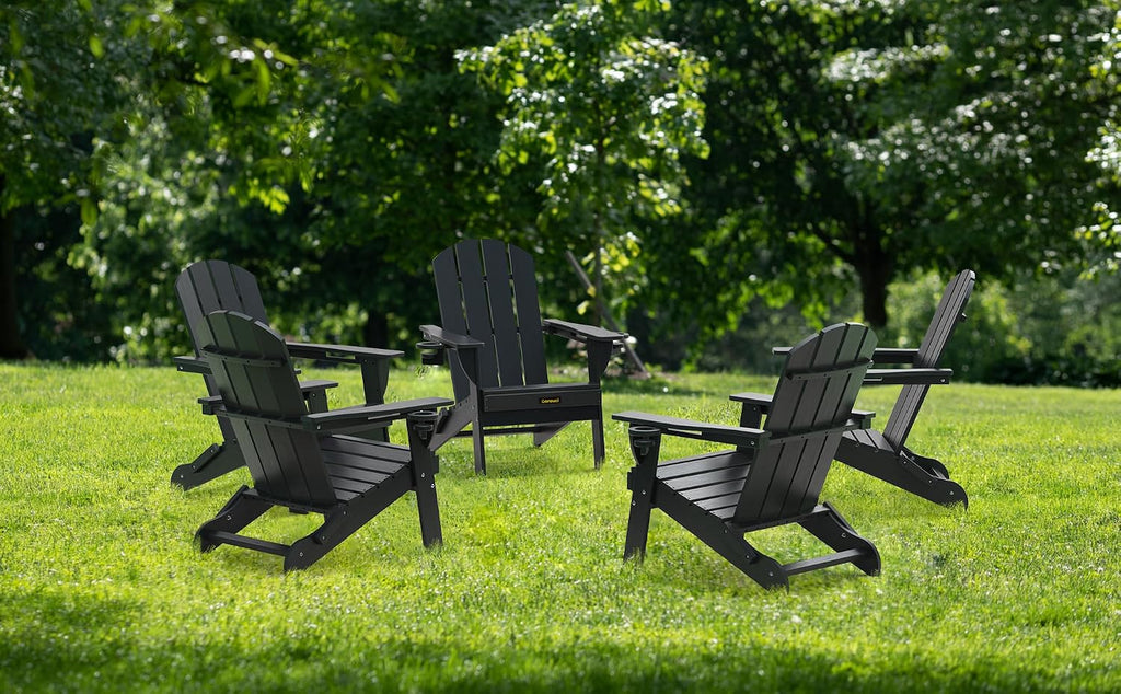 Folding Adirondack Chair Set of 2, Wooden Textured Plastic Adirondack Chairs with 2 Cup Holder, Weather Resistant HDPE Fire Pit Chair, Outdoor Patio Chairs for Garden, Backyard, Lawn, Deck, Black