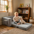 TinyPalsa Foldable Toddler Couch with Soft Sherpa Cover, 2-in-1 Comfy Toddler Sofa & Lounger for 3+ Years Old Girls Boys, Kids Chair with Pockets & Handle for Reading, Playroom (Grey)