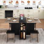 5 PCS Farmhouse Dining Table Set for 4,60" Large Folding Dining Table Set w/ 4 Leather Chairs, Drop Leaf Foldable Kitchen Table for Small Spaces,Barn Door Design,6 Wheels,2-Layer Storage Shelf,Black