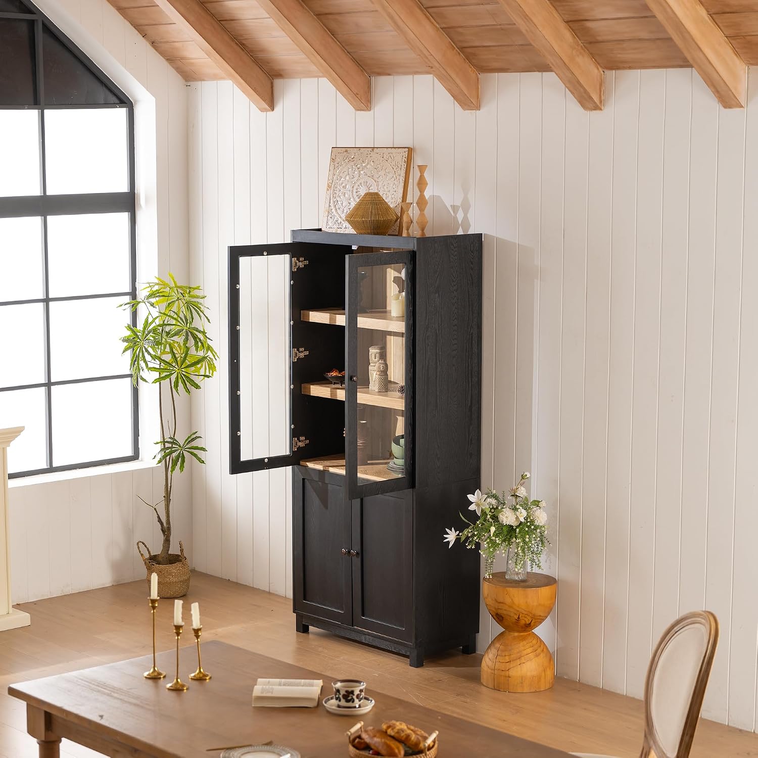 32.75" D*15.75" W*74.5" H Freestanding Kitchen Pantry with 4 Shelves, Top French Door & Lower Double Door, Rectangular Kitchen Pantry，for Living Room, Dining Room，Black