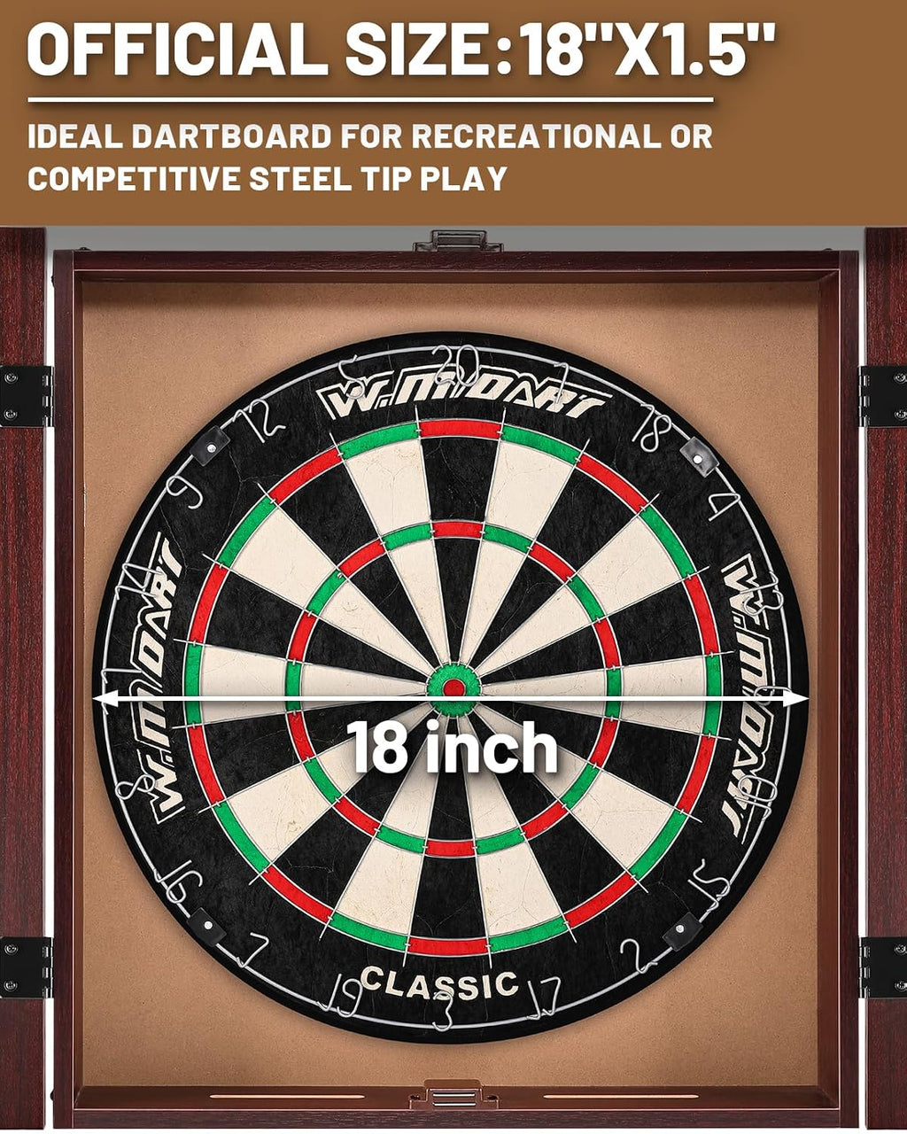 Dartboard Cabinet Set, Dart Boards for Adults with 6 Darts, Regulation Size | Self‑Healing Fibers, Rotating Number Ring, Chalkboard Scoring for Game Room Man Cave and Home Bar, Brown