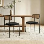 Rattan Dining Chairs Set of 2, Velvet Mid-Century Modern Upholstered Dining Chairs with Woven Cane Backrest, Black Kitchen Dining Room Chairs