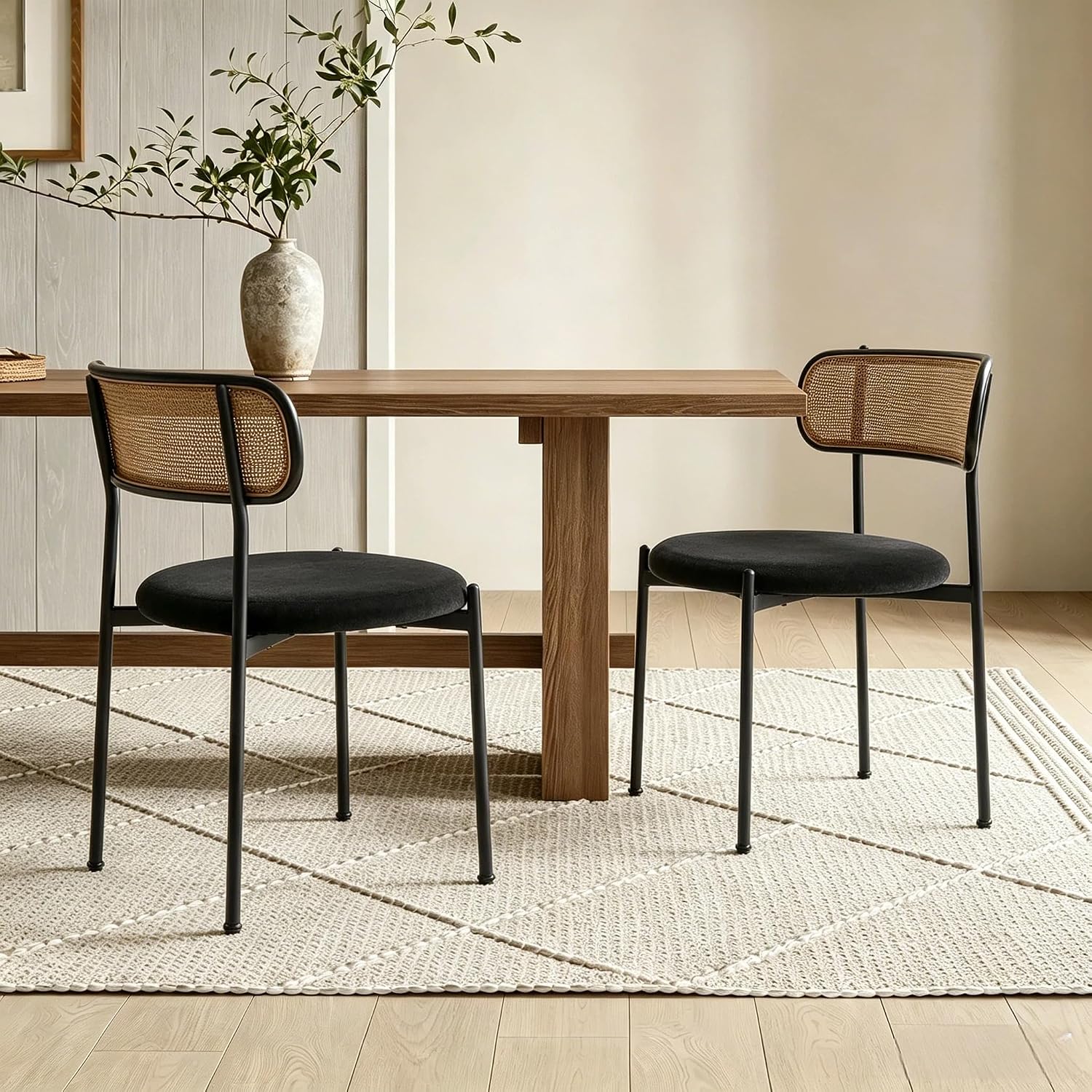 Rattan Dining Chairs Set of 4, Velvet Mid-Century Modern Upholstered Dining Chairs with Woven Cane Backrest, Black Kitchen Dining Room Chairs
