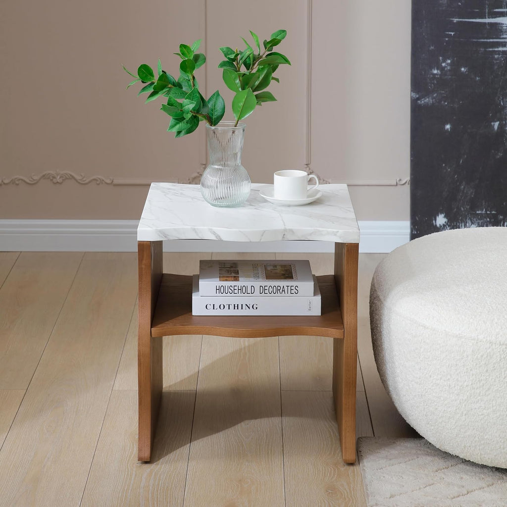 17.72" Whisper of Waves Modern End Table with Storage Shelf, Faux Marble Top & Natural Wood-Veneered Base, Nightstand Side Table for Bedroom, Living Room Accent Table, Walnut Brown
