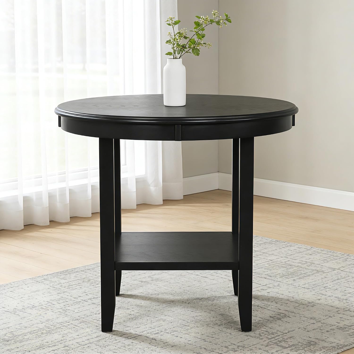 SogesHome Solid Wood Round End Table with Storage Shelf, Heavy Duty Small Kitchen Table for 2-4 People, Rustic Modern Space Saving Side Desk for Living Room, Bedroom, Kitchen, Office, Hallway