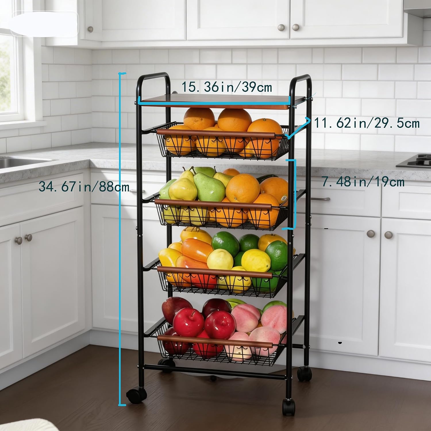 SWEETBLOOM Fruit Vegetable Storage Cart for Kitchen, 5-Tier Vegetable Stand Rack with Pull-Out Fruit Baskets, Rolling Snack Cart with Wood Top for Pantry, Living Room, Bathroom