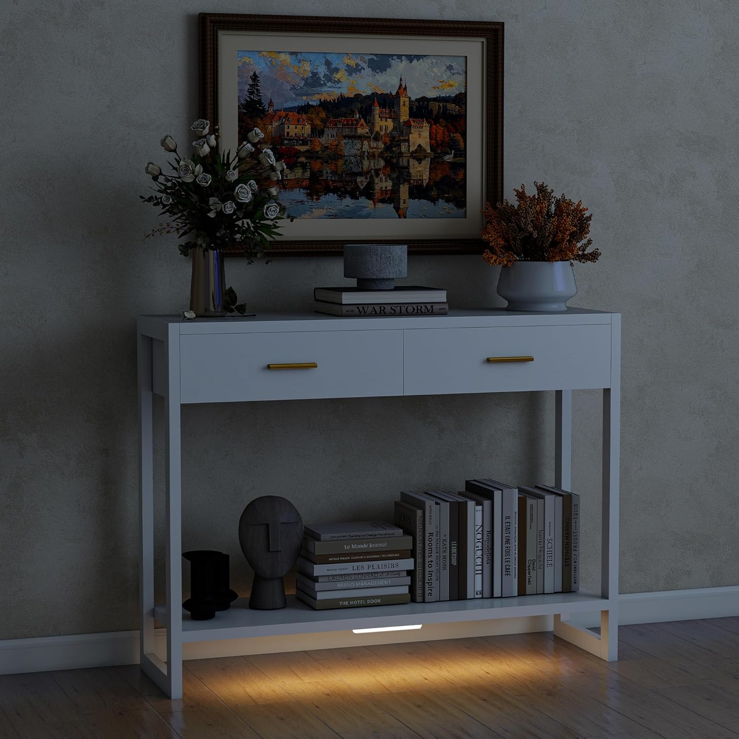 Entryway Table, Console Table with Motion Sensor Light, Sofa Table with 2 Drawers and Storage Shelf, Entryway Cabinet and Sideboard Cabinet for Hallway, Foyer, Living Room, White