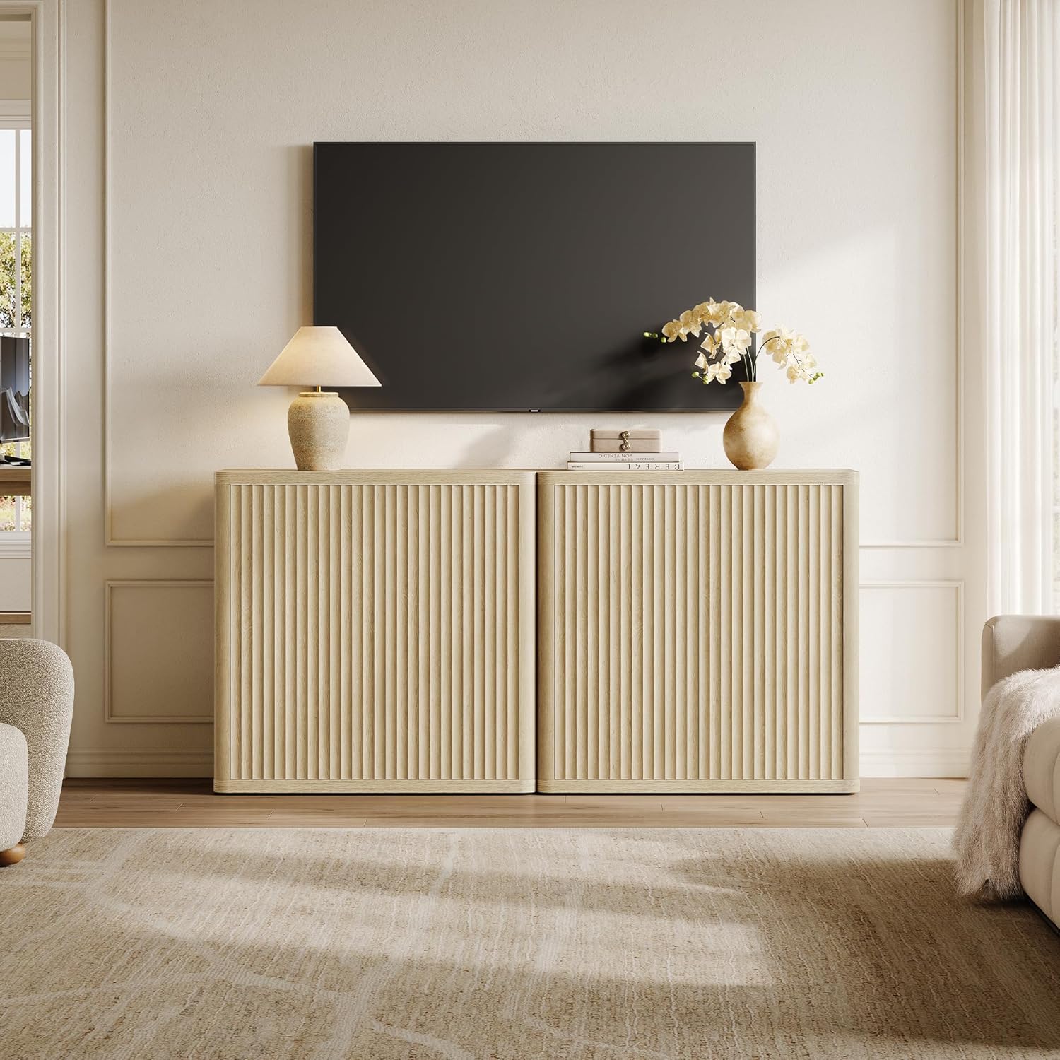 SICOTAS Buffet Cabinet with Storage Sideboard Accent Modern Credenza with Doors & Shelves Fluted 34.6" Tall Media Console Mid Century Coffee Bar Table for Living Room Kitchen Dining Room Hallway