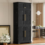 Farmhouse Pantry Cabinet with 8 Door Shelves and Adjustable Shelves, Tall Storage Cabinet with Hidden Drawer and Wine Rack, Versatile Wood Cupboard for Kitchen, Dining, Bathroom (Ash Black)