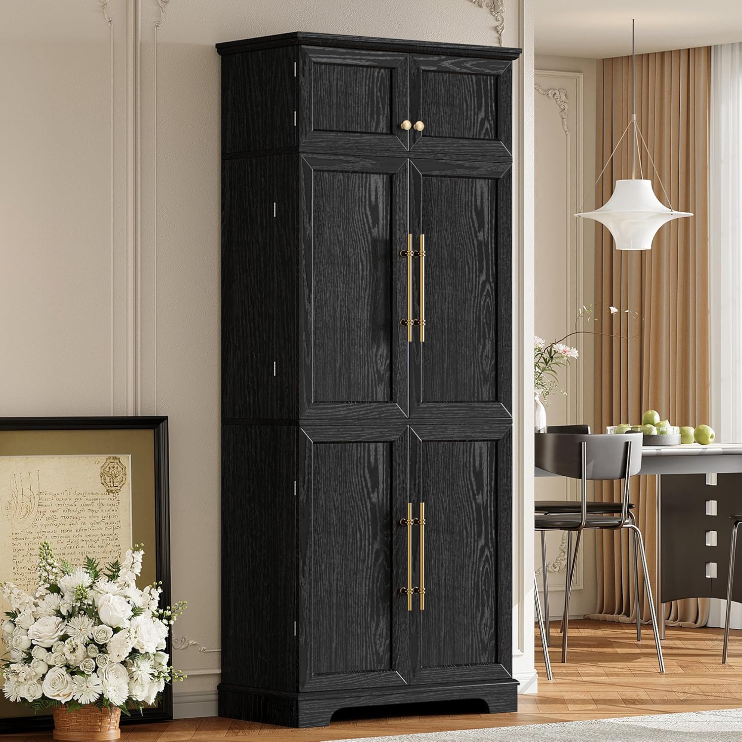 Farmhouse Pantry Cabinet with 8 Door Shelves and Adjustable Shelves, Tall Storage Cabinet with Hidden Drawer and Wine Rack, Versatile Wood Cupboard for Kitchen, Dining, Bathroom (Ash Black)