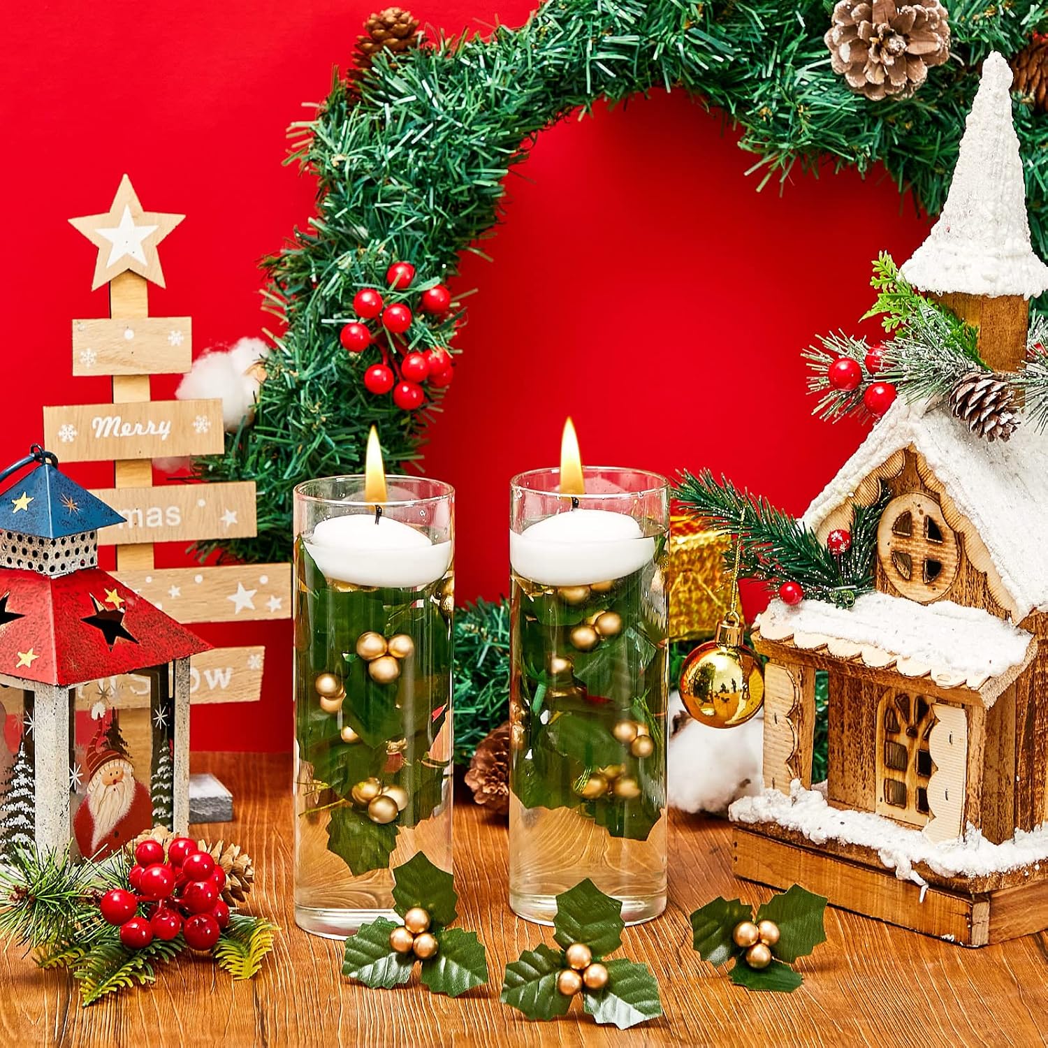 Canlierr 50 Pcs Christmas Holly Berries for Crafts Faux Berries Flowers and Holly Leaves Christmas Wreath Fillers for Vase Fillers Floating Candle Table Centerpiece(Gold)