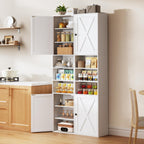 HUAHUU 70.8" Tall Kitchen Pantry Storage Cabinet, Slim Cabinet with 2 Barn Doors & Adjustable Shelves & Open Compartments, Cupboard for Kitchen, Dining Room, Living Room and Bathroom, White