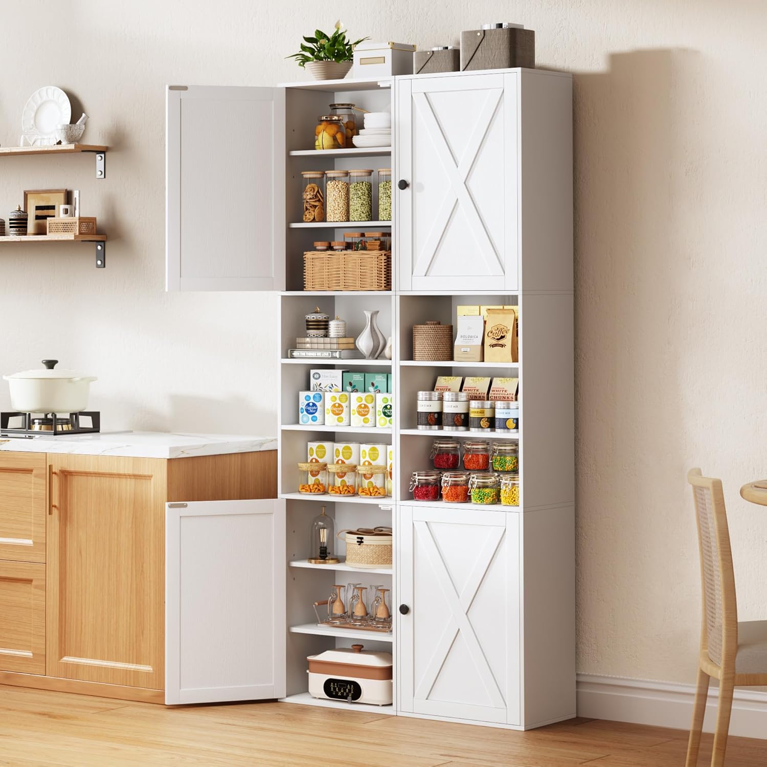 HUAHUU 70.8" Tall Kitchen Pantry Storage Cabinet, Slim Cabinet with 2 Barn Doors & Adjustable Shelves & Open Compartments, Cupboard for Kitchen, Dining Room, Living Room and Bathroom, White