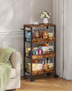 CHOEZON 4-Tier Slim Storage Cart, 9.1'' Kitchen Serving Trolley, Slim Rolling Cart with Handle and Guard Rails, Slim Cabinet for Small Spaces, for Dining Room, Rustic Brown and Black TTC03BF