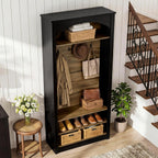 Tribesigns 74.8" Hall Tree with Shoe Storage, 3-Tier Narrow Shoe Rack with Coat Rack, Farmhouse Hall Tree with 4 Double Coat Hooks for Entryway, Hallway, Black and Brown