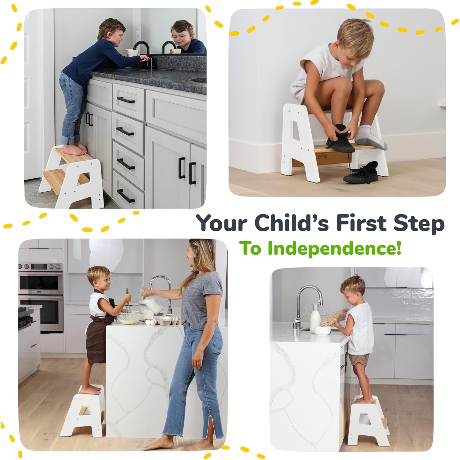 OCODILE 2-Step Wooden Step Stool for Toddlers | Kids Stool for Bathroom Sink & Kitchen Use | Non-Slip Step | Wooden Stool for Children Ages 2+ Years White