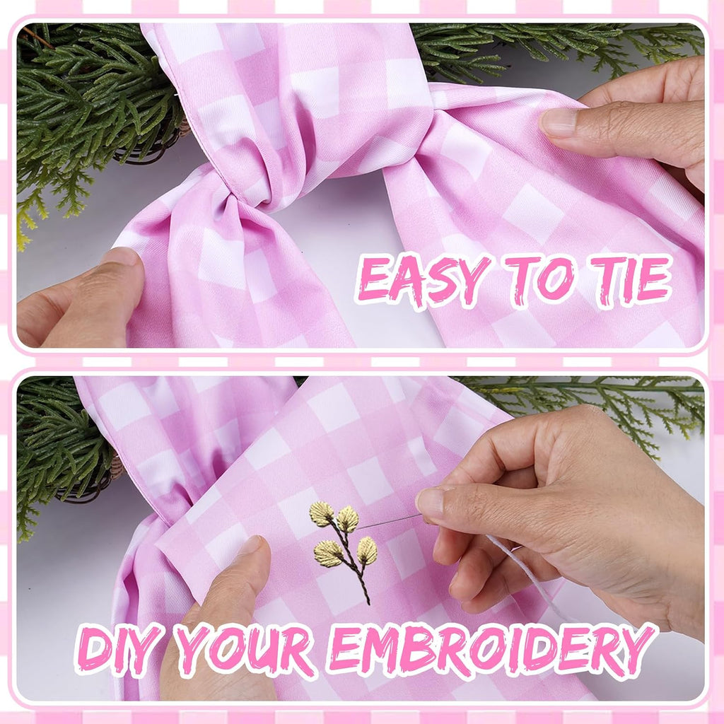 Pink Wreath Sash for Front Door - 2 Pcs Cotton Plaid Sashes for Wreaths Baby Shower Girl, 55.5 Inch Check Wreath Sash for DIY Embroidery Monogram Bow Party Home Decor