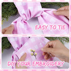 Pink Wreath Sash for Front Door - 2 Pcs Cotton Plaid Sashes for Wreaths Baby Shower Girl, 55.5 Inch Check Wreath Sash for DIY Embroidery Monogram Bow Party Home Decor