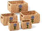 Set of 5 Storage Baskets for Organizing, Water Hyacinth Baskets for Shelves, Organizer Basket with Handles, Decorative Storage Basket for Closet, Pantry Organizers