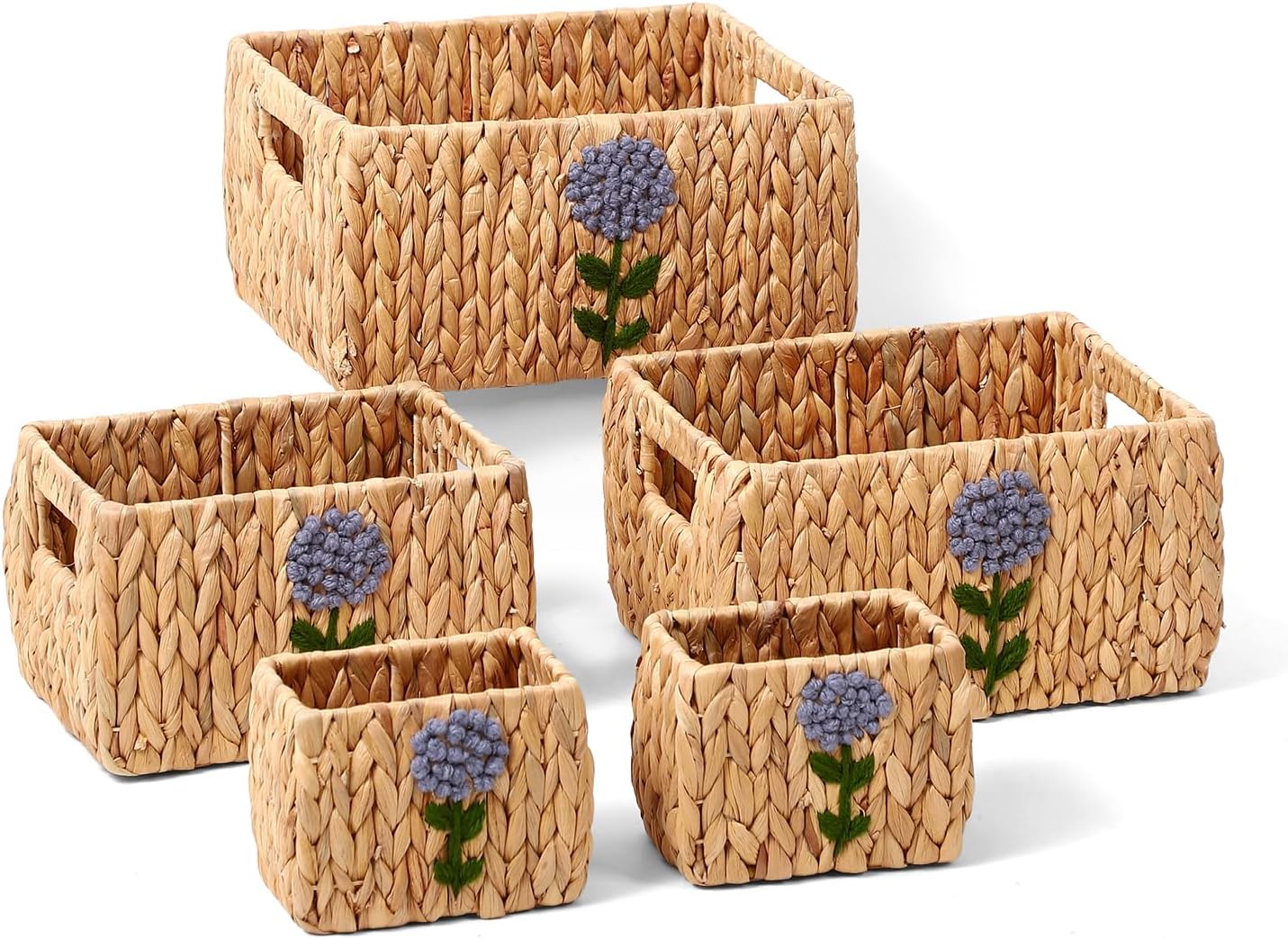 Set of 5 Storage Baskets for Organizing, Water Hyacinth Baskets for Shelves, Organizer Basket with Handles, Decorative Storage Basket for Closet, Pantry Organizers