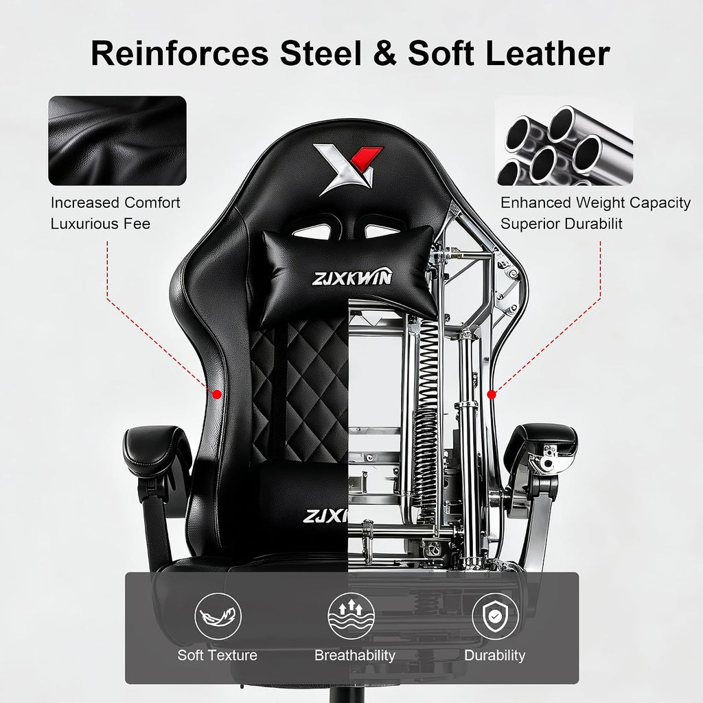 Gaming Chair with Pocket Spring Cushion, Ergonomic High Back Computer Chair with Footrest and Lumbar Support, Adjustable Height 360° Swivel Recliner, Black