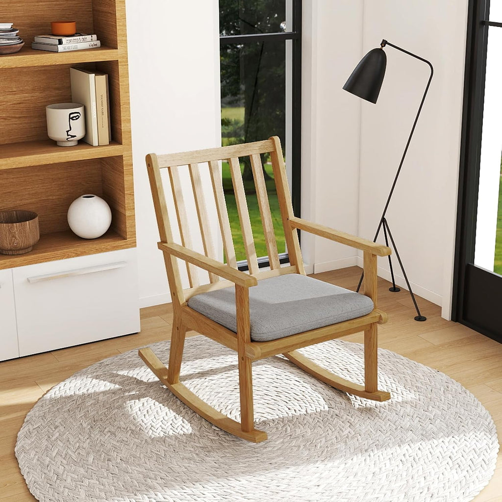 GOFLAME Wooden Rocking Chair, Accent Rocker Chair with Rustic Rubber Wood Frame, Removable Cushion and Ergonomic Slatted Backrest, Indoor Armchair for Nursery, Living Room, Bedroom