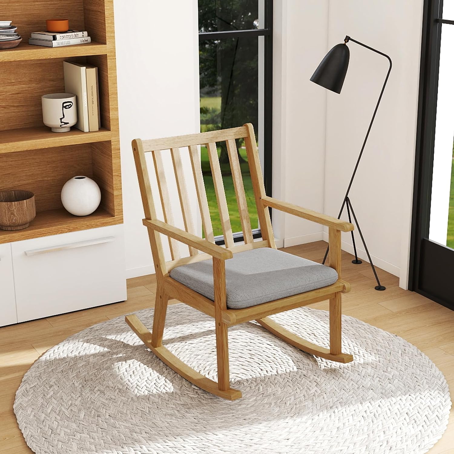 GOFLAME Wooden Rocking Chair, Accent Rocker Chair with Rustic Rubber Wood Frame, Removable Cushion and Ergonomic Slatted Backrest, Indoor Armchair for Nursery, Living Room, Bedroom