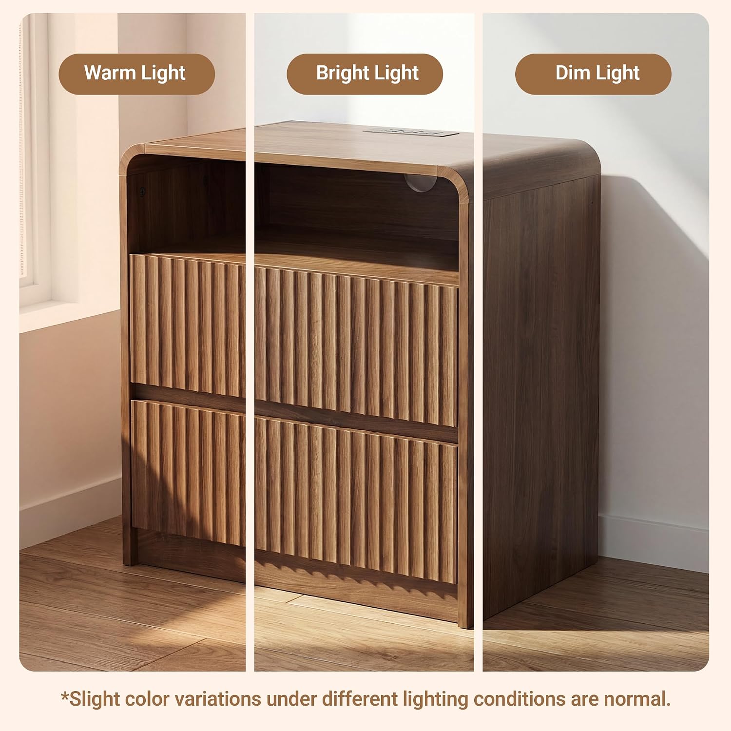 Seang Nightstand Set of 2,Fluted Nightstand with Charging Station & LED Light,Wooden Bedside Table with Curved Profile Design,2 Drawers Storage,Large End Table for Bedroom,Walnut