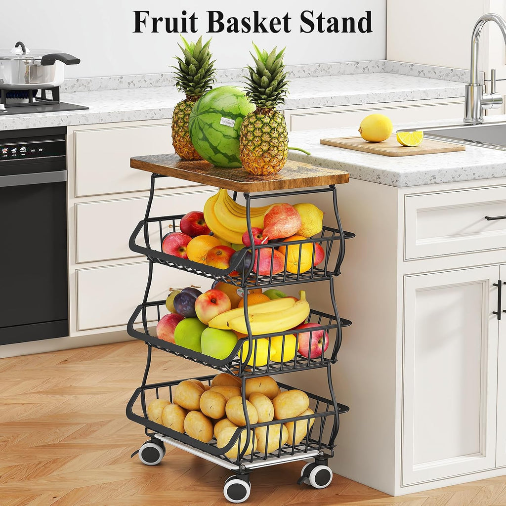 SAYZH 4-Tier Fruit and Vegetable Basket Stand for Kitchen, Wood Top, Black | Stackable Vegetable Storage Baskets with Wheel, Metal Wire Storage Carts for Onion, Potato and Snacks