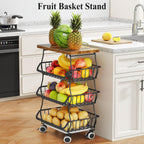 SAYZH 4-Tier Fruit and Vegetable Basket Stand for Kitchen, Wood Top, Black | Stackable Vegetable Storage Baskets with Wheel, Metal Wire Storage Carts for Onion, Potato and Snacks