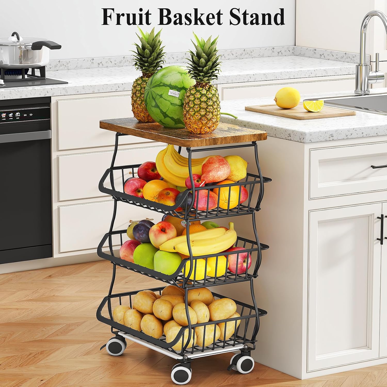 SAYZH 4-Tier Fruit and Vegetable Basket Stand for Kitchen, Wood Top, Black | Stackable Vegetable Storage Baskets with Wheel, Metal Wire Storage Carts for Onion, Potato and Snacks