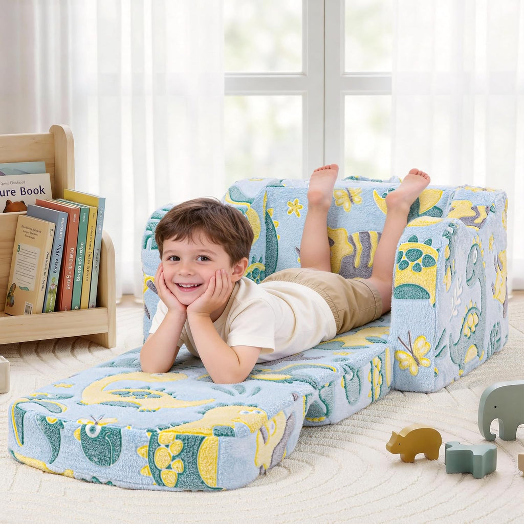 Comfy Kids Couch, 2-in-1 Fold Out Sofa Chair, Soft Foam Sofa for Playroom | Foam Support for Reading and Playing, Boys and Girls, Includes Cozy blanket, Dinosaur