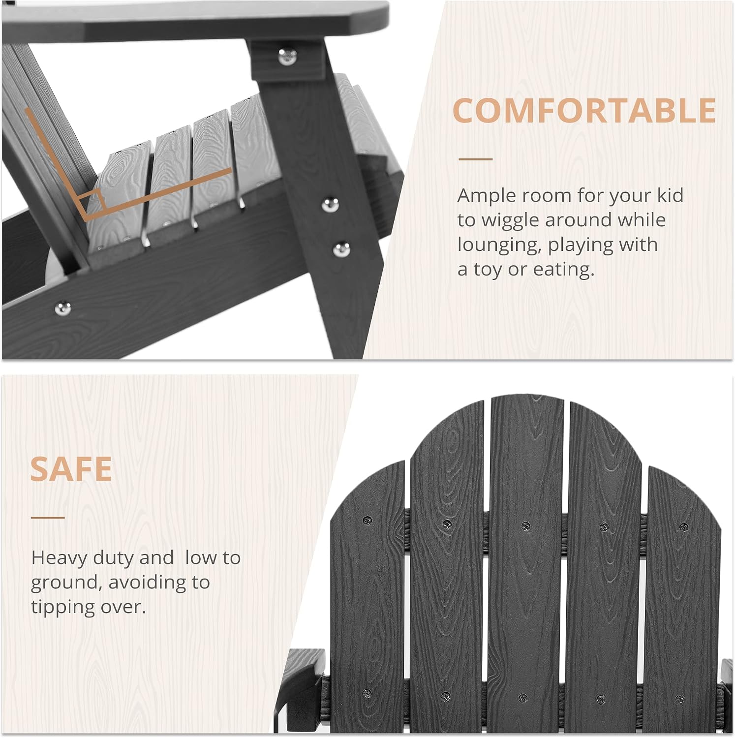 LUE BONA Kids Adirondack Chair, Gray Poly Lumber Plastic Chair, Toddler Adirondack Chair Weather Resistant, Kids Outdoor Patio Adirondack Lounge Chair for Balcony, Backyard, Preschool